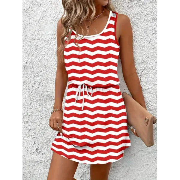 Kadın Kalın Askılı Yuvarlak Yaka Belden Kuşaklı Desenli Kısa Süprem Elbise