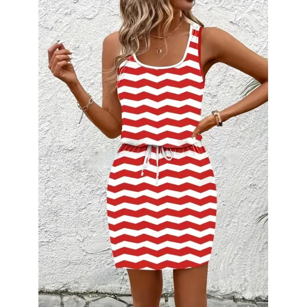 Kadın Kalın Askılı Yuvarlak Yaka Belden Kuşaklı Desenli Kısa Süprem Elbise