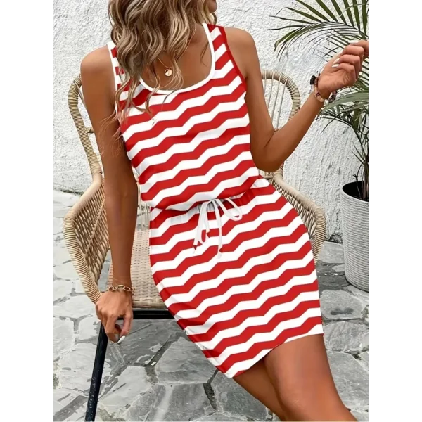 Kadın Kalın Askılı Yuvarlak Yaka Belden Kuşaklı Desenli Kısa Süprem Elbise