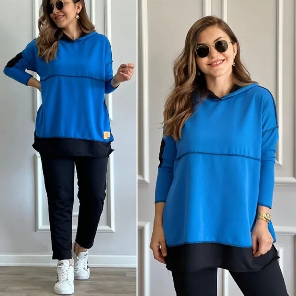 Kadın Kapşonlu Etek Ucu Detay Armalı Ters Dikiş Gorunumlu Ikili Takım