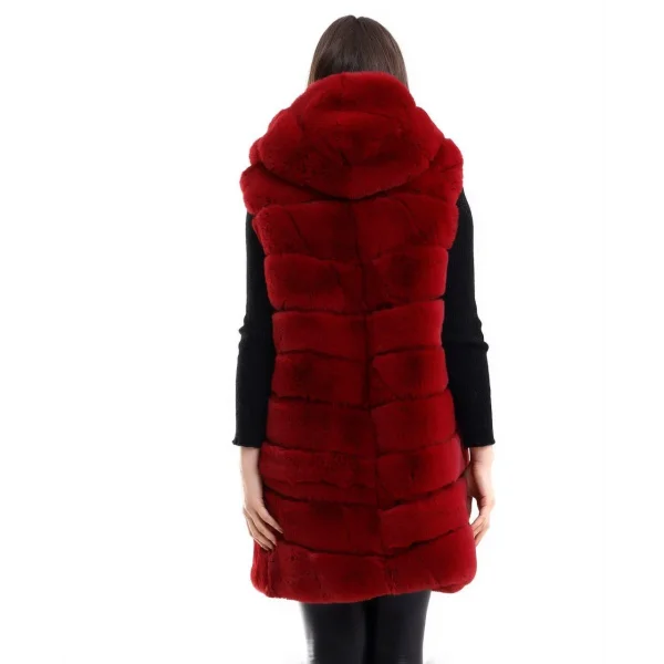 Kadın Kapşonlu Peluş Kürk Yelek Premium Kalite, Tam Astarlı, Uzun Model - Kırmızı