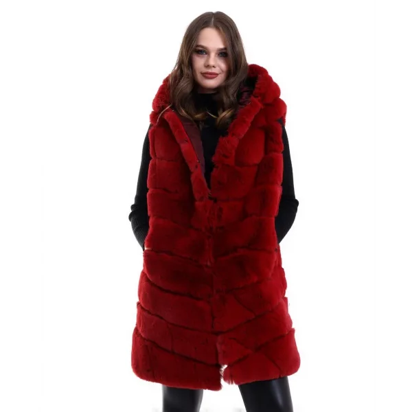 Kadın Kapşonlu Peluş Kürk Yelek Premium Kalite, Tam Astarlı, Uzun Model - Kırmızı