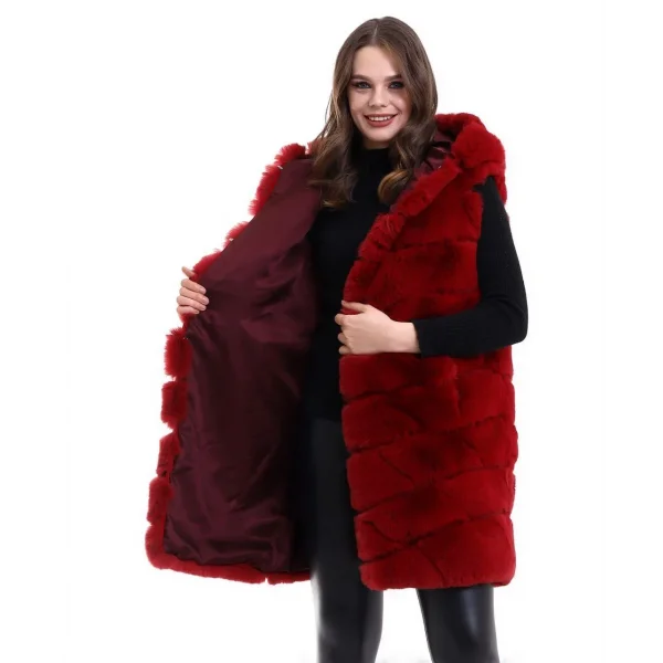 Kadın Kapşonlu Peluş Kürk Yelek Premium Kalite, Tam Astarlı, Uzun Model - Kırmızı