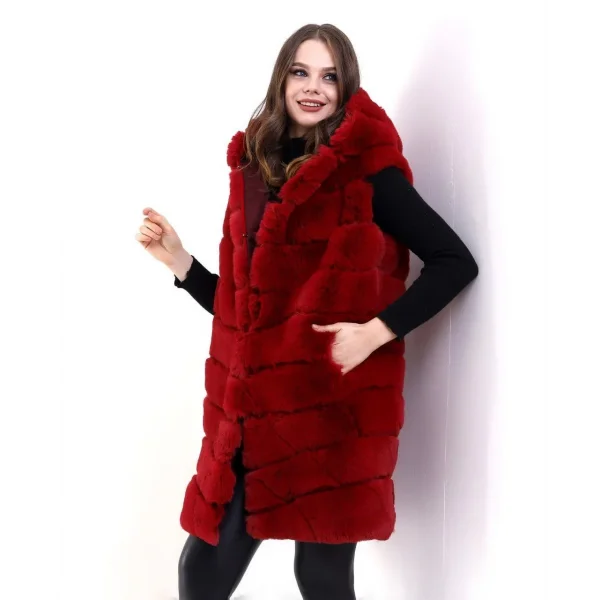 Kadın Kapşonlu Peluş Kürk Yelek Premium Kalite, Tam Astarlı, Uzun Model - Kırmızı