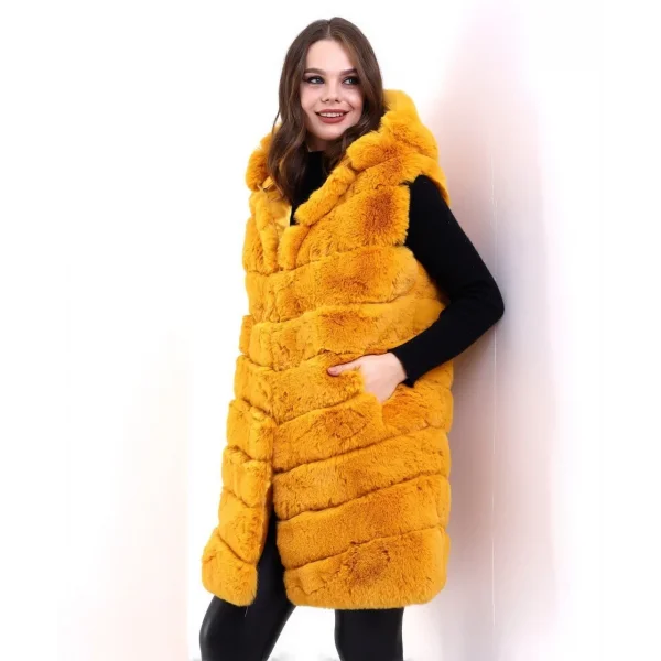 Kadın Kapşonlu Peluş Kürk Yelek Premium Kalite, Tam Astarlı, Uzun Model - Sarı