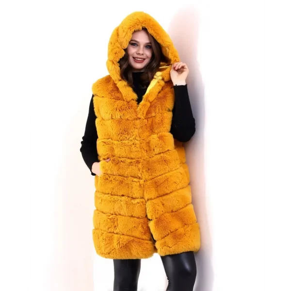 Kadın Kapşonlu Peluş Kürk Yelek Premium Kalite, Tam Astarlı, Uzun Model - Sarı