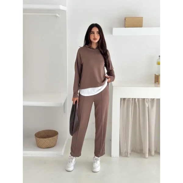 Kadın Kapşunlu Ve Atlet Detaylı Tunik Yüksek Bel Pantolunlu ıkılı Takım