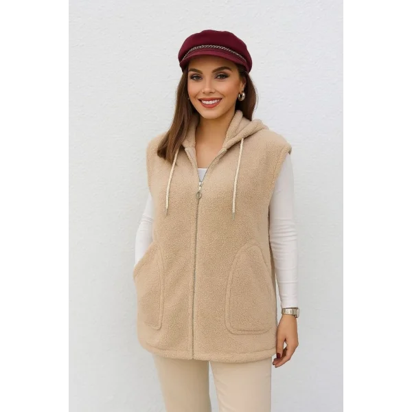 Kadın Kapüşon Ve Fermuar Detay Welsoft Kolsuz Yelek