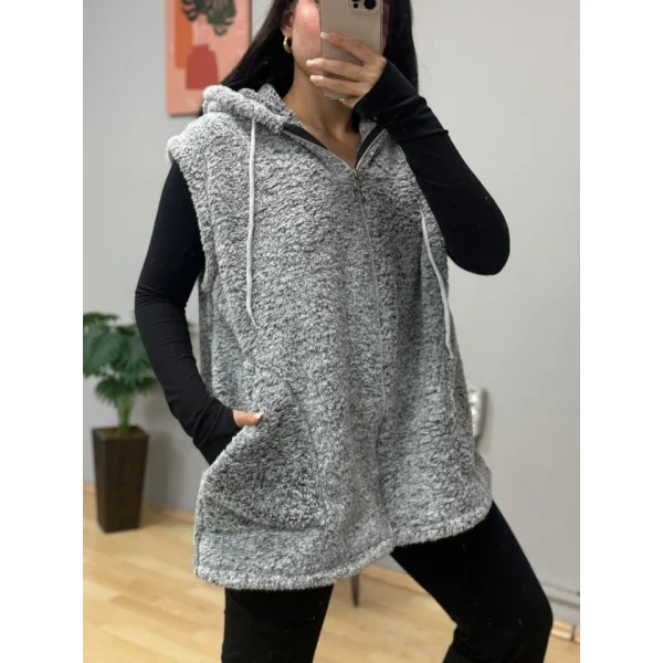 Kadın Kapüşon Ve Fermuar Detay Welsoft Kolsuz Yelek