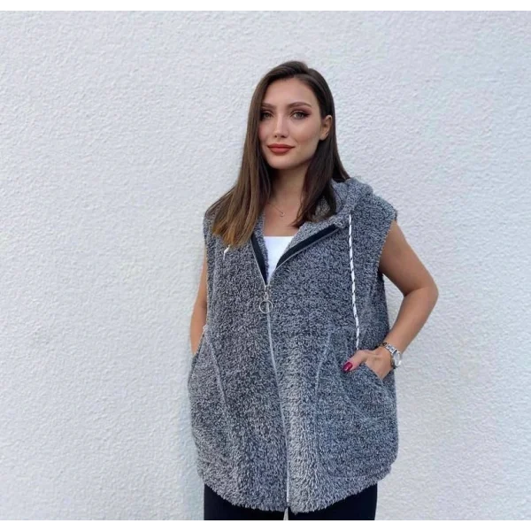 Kadın Kapüşon Ve Fermuar Detay Welsoft Kolsuz Yelek