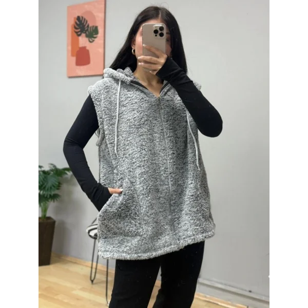 Kadın Kapüşon Ve Fermuar Detay Welsoft Kolsuz Yelek