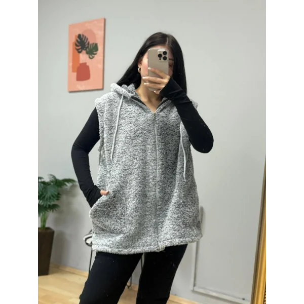 Kadın Kapüşon Ve Fermuar Detay Welsoft Kolsuz Yelek