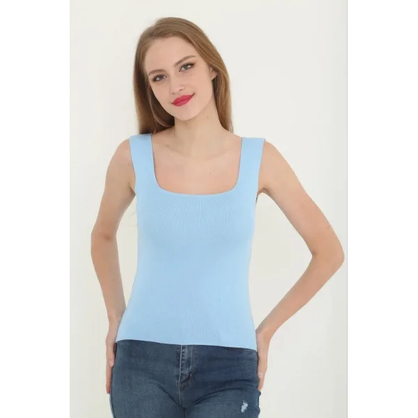 Kadın Kare Yaka Detay Crop - Mavi