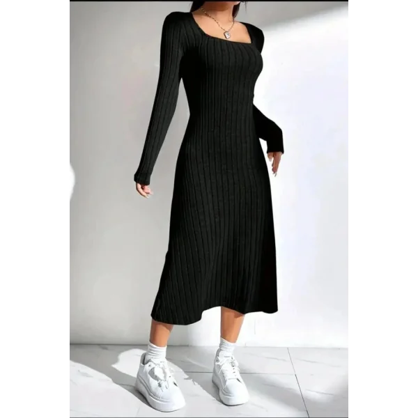 Kadın Kare Yaka Fitilli Kaşkorse Kumaş Midi Boy Elbise