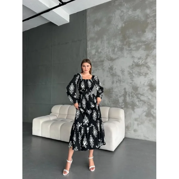 Kadın Kare Yaka Gipe Ve Baskı Detay Kemer Dahil Volanlı Maxi Boy Elbise