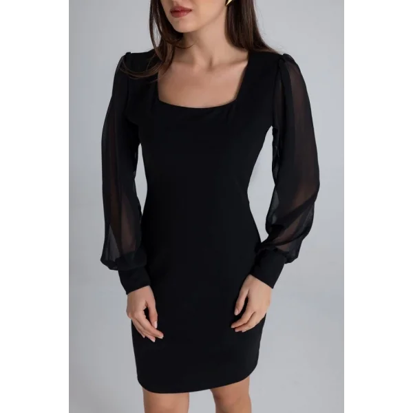 Kadın Kare Yaka Kolları Tül Sandy Kumaş Fırsat ürün ini Siyah Elbise