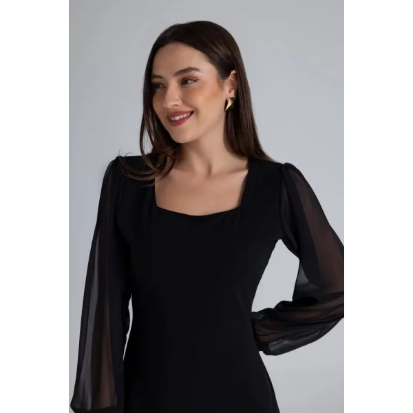 Kadın Kare Yaka Kolları Tül Sandy Kumaş Fırsat ürün ini Siyah Elbise