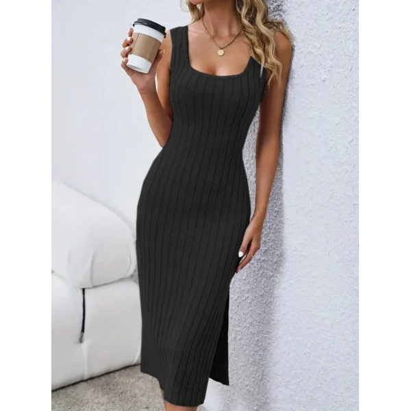 Kadın Kare Yaka Yandan Yırtmaçlı Fitilli Kaşkorse Dizaltı Boy Elbise