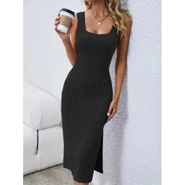 Kadın Kare Yaka Yandan Yırtmaçlı Fitilli Kaşkorse Dizaltı Boy Elbise