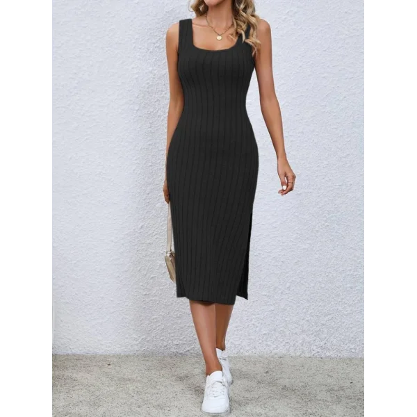 Kadın Kare Yaka Yandan Yırtmaçlı Fitilli Kaşkorse Dizaltı Boy Elbise