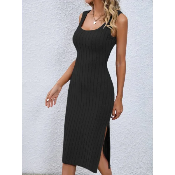 Kadın Kare Yaka Yandan Yırtmaçlı Fitilli Kaşkorse Dizaltı Boy Elbise