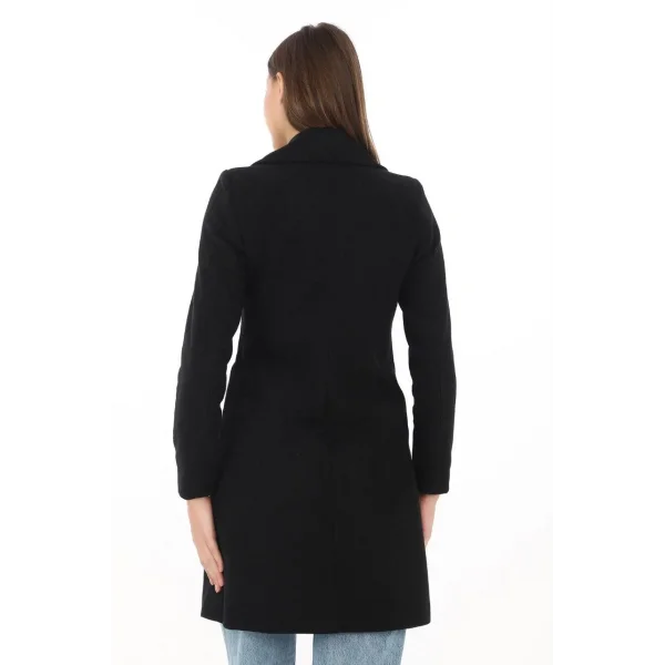 Kadın Kaşe Kaban – Siyah Yünlü Dokuma, Kruvaze Yaka, Astarlı, Cepli, Kuşaklı Uzun Boy Tesettür Uyumlu Kışlık Şık Kaban - Siyah