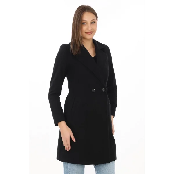 Kadın Kaşe Kaban – Siyah Yünlü Dokuma, Kruvaze Yaka, Astarlı, Cepli, Kuşaklı Uzun Boy Tesettür Uyumlu Kışlık Şık Kaban - Siyah