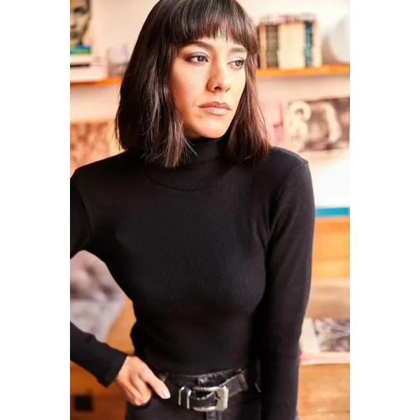 Kadın Kaşkorse Boğazlı Full Likralı Fitilli Body Kazak - Siyah