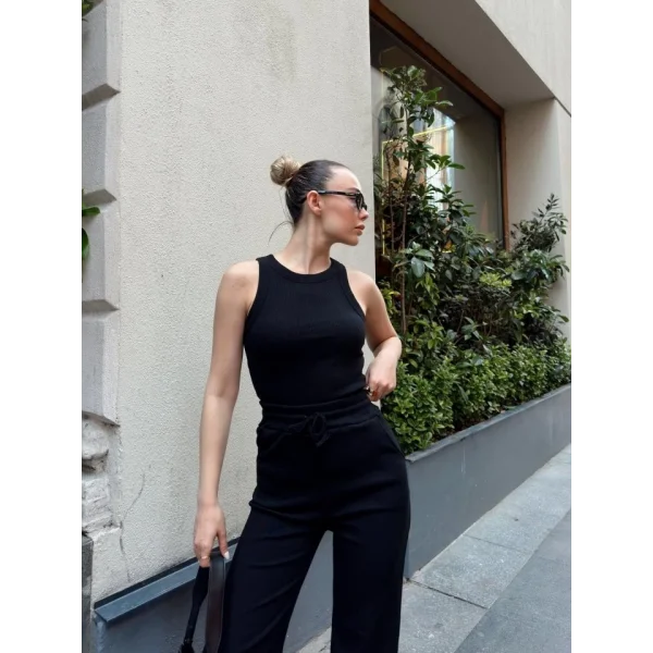 Kadın Kaşkorse Kumaş Atlet Ve Yüksek Bel Bol Paça Pantolon Ikili Takım