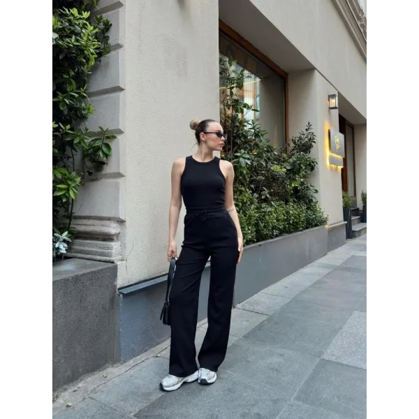 Kadın Kaşkorse Kumaş Atlet Ve Yüksek Bel Bol Paça Pantolon Ikili Takım