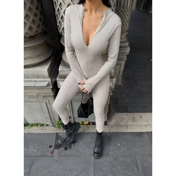 Kadın Kaşkorse Kumaş Fermuar Detaylı Tulum