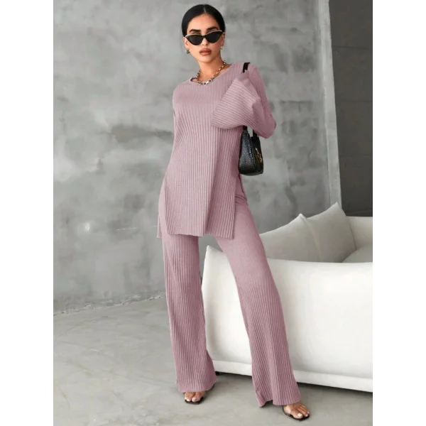 Kadın Kaşkorse Kumaş Kol Ve Etek Yırtmaç Detaylı Bluz , Ispanol Paça Pantolon Ikili Takım