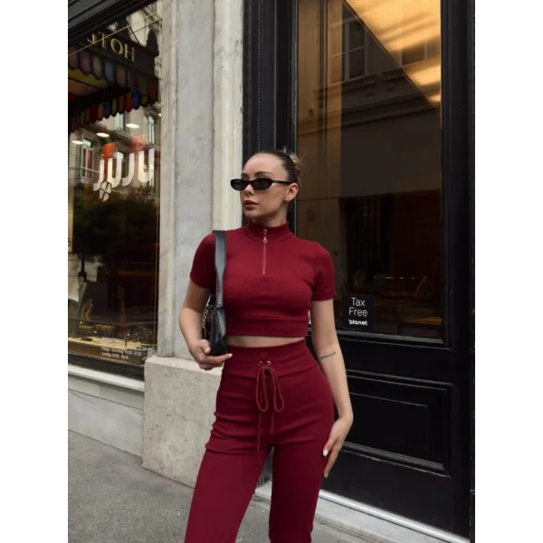 Kadın Kaşkorse Kumaş Yakası Fermuar Detaylı Tayt Takım