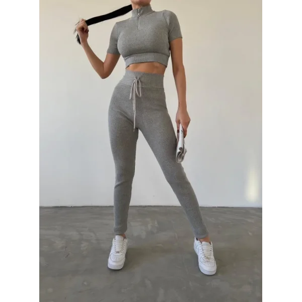 Kadın Kaşkorse Kumaş Yakası Fermuar Detaylı Tayt Takım