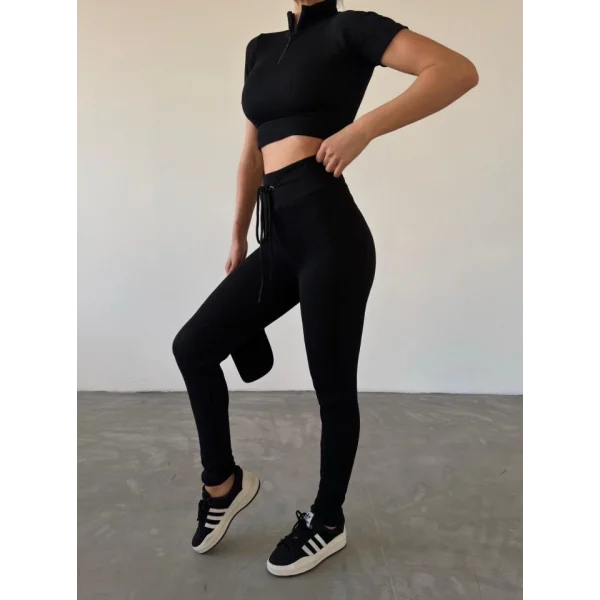 Kadın Kaşkorse Kumaş Yakası Fermuar Detaylı Tayt Takım