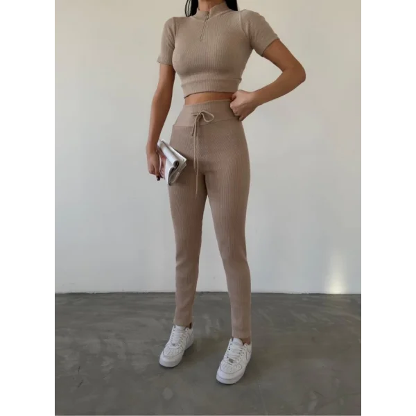 Kadın Kaşkorse Kumaş Yakası Fermuar Detaylı Tayt Takım