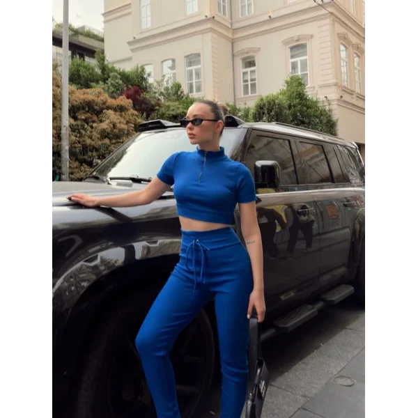 Kadın Kaşkorse Kumaş Yakası Fermuar Detaylı Tayt Takım