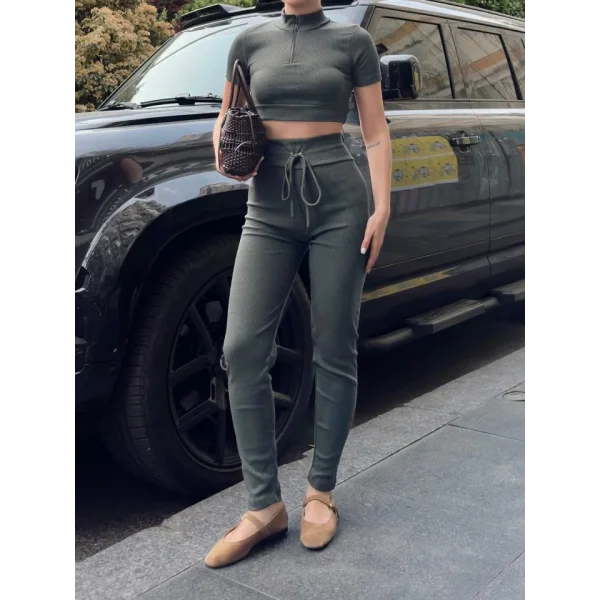 Kadın Kaşkorse Kumaş Yakası Fermuar Detaylı Tayt Takım