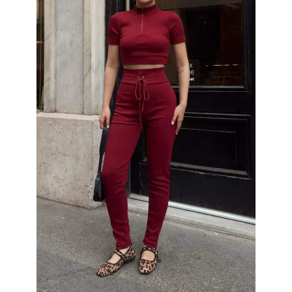 Kadın Kaşkorse Kumaş Yakası Fermuar Detaylı Tayt Takım