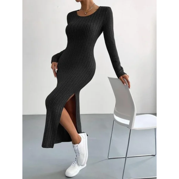 Kadın Kaşkorse Kumaş Yırtmaç Detaylı Uzun Kollu Elbise