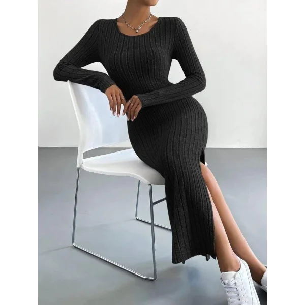 Kadın Kaşkorse Kumaş Yırtmaç Detaylı Uzun Kollu Elbise