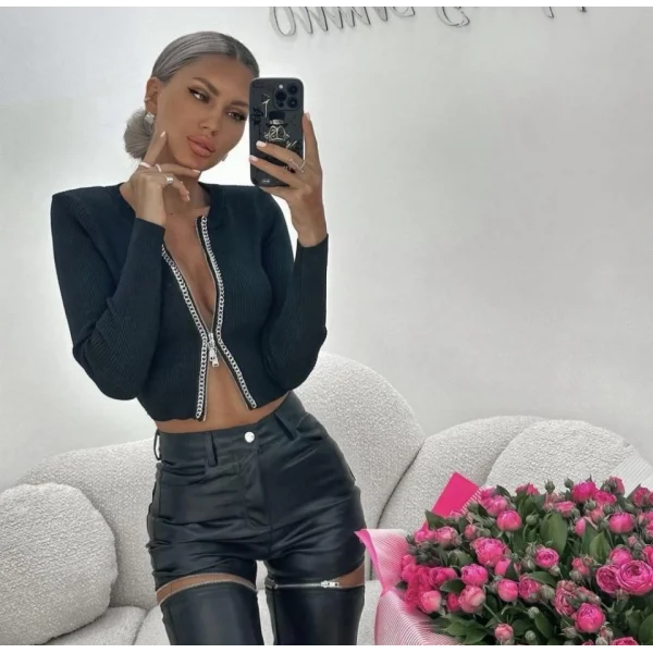 Kadın Kaşkorse Kumaş Zincirli Çift Fermuarlı Fırsat Ürün Bluz