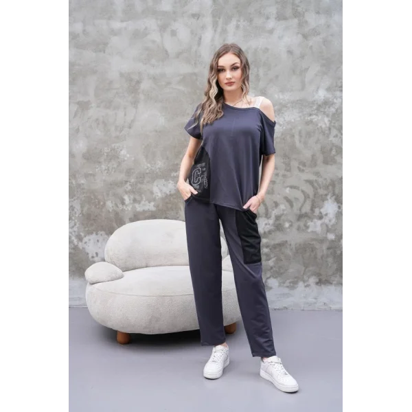 Kadın Kayık Yaka Baskı Detay Salaş Bluz Ve Yüksek Bel Pantolon Ikili Takım