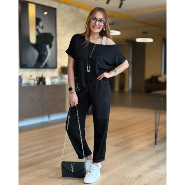 Kadın Kayık Yaka Baskı Detay Salaş Bluz Ve Yüksek Bel Pantolon Ikili Takım