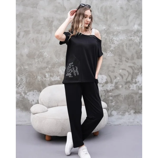 Kadın Kayık Yaka Baskı Detay Salaş Bluz Ve Yüksek Bel Pantolon Ikili Takım