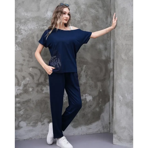 Kadın Kayık Yaka Baskı Detay Salaş Bluz Ve Yüksek Bel Pantolon Ikili Takım