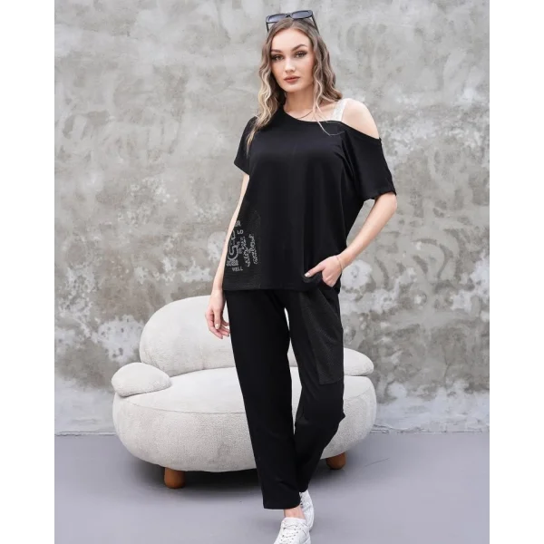 Kadın Kayık Yaka Baskı Detay Salaş Bluz Ve Yüksek Bel Pantolon Ikili Takım