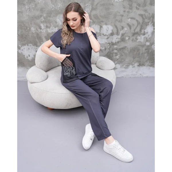 Kadın Kayık Yaka Baskı Detay Salaş Bluz Ve Yüksek Bel Pantolon Ikili Takım