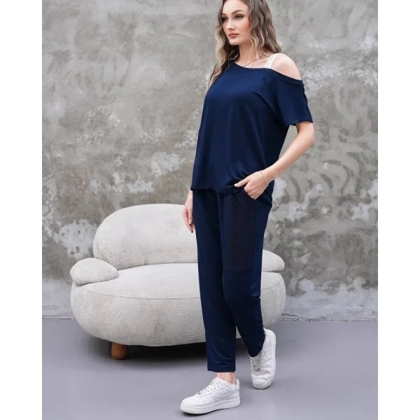 Kadın Kayık Yaka Baskı Detay Salaş Bluz Ve Yüksek Bel Pantolon Ikili Takım