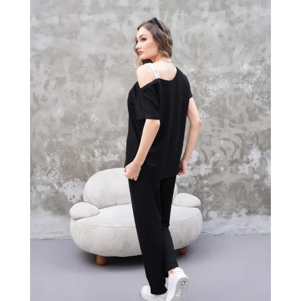 Kadın Kayık Yaka Baskı Detay Salaş Bluz Ve Yüksek Bel Pantolon Ikili Takım